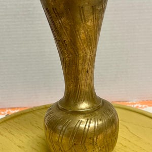Vintage Etched Solid Brass Tall Flower Bud Vase Vessel Made In India 8”