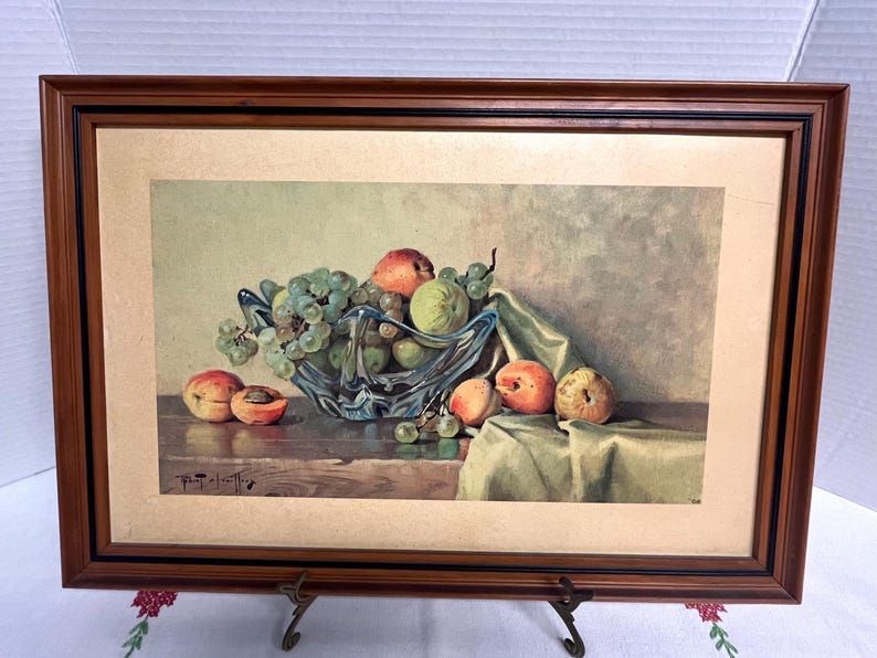 Vintage Wood Framed Mid Century Still Life Of Fruit Art Print Signed, vintage wall art