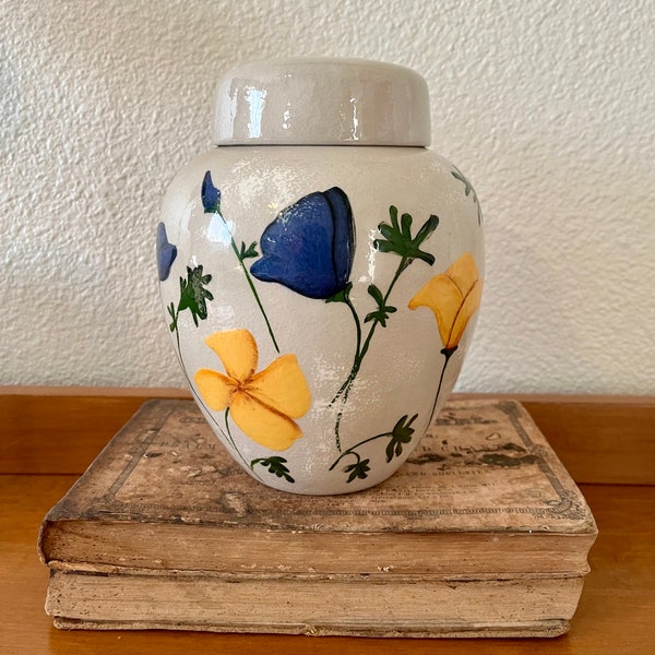 Studio Art Pottery Hand Painted Signed Blue Yellow Floral Flowers Ginger Jar Large Lidded Pot