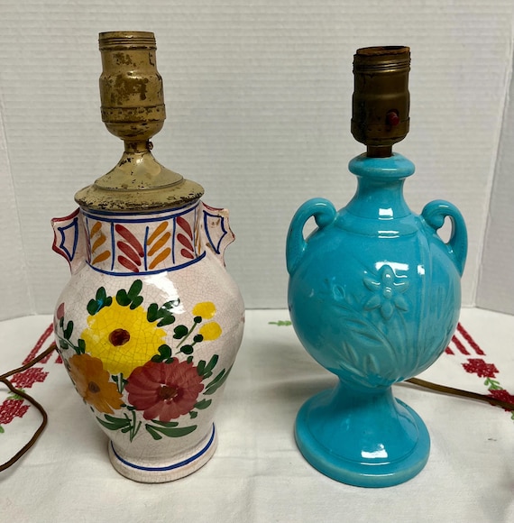 Vintage Italian Tuscan turquoise glazed or crackled floral terracotta pottery urn vase lamps with cloth cords , not working