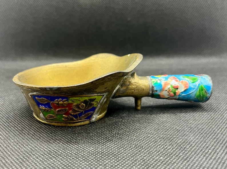 Vintage Chinese brass silk iron, coal pot, miniature scoop floral cloisonné enamel handle, vintage brass decor