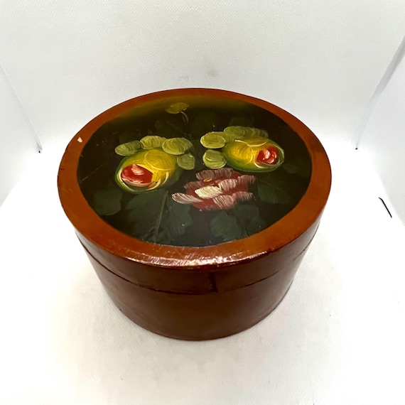 Vintage Hand Painted Floral Round Lidded Wooden Decorative Storage Box , Folk Art