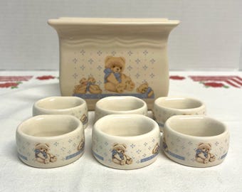 Vintage Tienshan stoneware Country Teddy Bear napkin holder and 6 napkin rings
