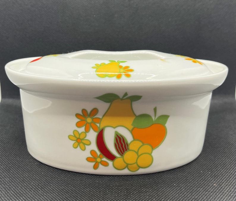 BIA Cordon Bleu Orchard pattern round covered casserole dish vibrant fruit and floral, vintage serveware from the 1990s
