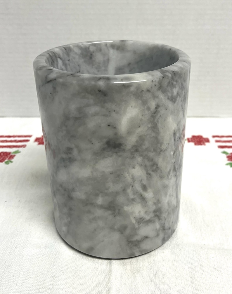 Vintage White And Grey Marble Utensil Holder Crock , Kitchen Decor, vintage pottery