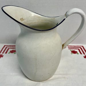 Vintage White Black Trim Large Enamel Pitcher Jug Farmhouse Kitchen Enamelware