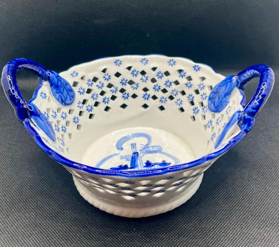 Vintage Delftware pierced lattice bowl hand painted Dutch windmill scene twisted handles