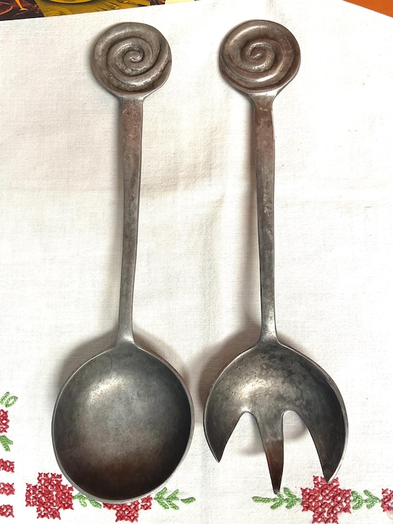 Mid century brutalist cast aluminum salad spoon & fork  serving set with spiral swirl handles