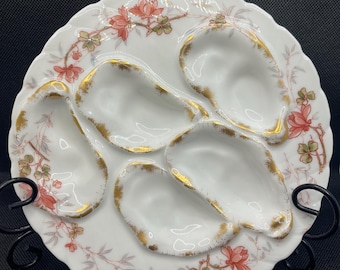 Antique Haviland Limoges 5 Well Oyster Plate 1888-1896 Factory Decorated Floral Gold Gilded