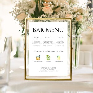 Bar Menu Template, Modern Editable Drink Menu Template, Minimalist Printable Bar Menu, Signature Drinks Sign, Canva Template, Wedding Sign