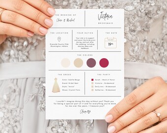 Bridesmaid Info Card Template, Bridal Party Info Card, Bridesmaid Information Card, Modern Wedding Bridesmaid Infographic, Canva Template