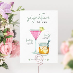 Signature Drinks Sign Template, Printable Bar Menu, Signature Drink Printable Sign, His & Hers Drink Sign, Wedding Cocktails Canva Template
