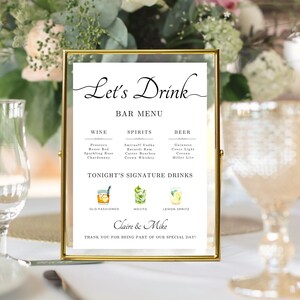 Bar Menu Template, Modern Editable Drink Menu Template, Minimalist Printable Bar Menu, Signature Drinks Sign, Canva Template Wedding Sign