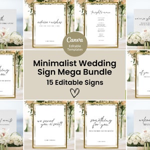 May include: A set of 15 printable wedding signs in a minimalist style. The signs are in gold frames and feature white backgrounds with black calligraphy text. The signs include phrases like "Something for you", "We saved you a seat!" and "Welcome to the best day ever".