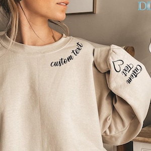 Custom Text Hoodie With Names On Neck, Personalized Names Sweatshirt On Sleeve, Customizable Crewneck Gift Long Sleeve, Minimalist Sweater