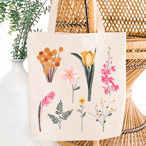 Floral Canvas Tote Bag - Aesthetic Boho Shoulder Bag, Eco-Friendly Reusable Market Tote, Gift for Her, Floral Tote Bag, Flower Tote Bag Gift