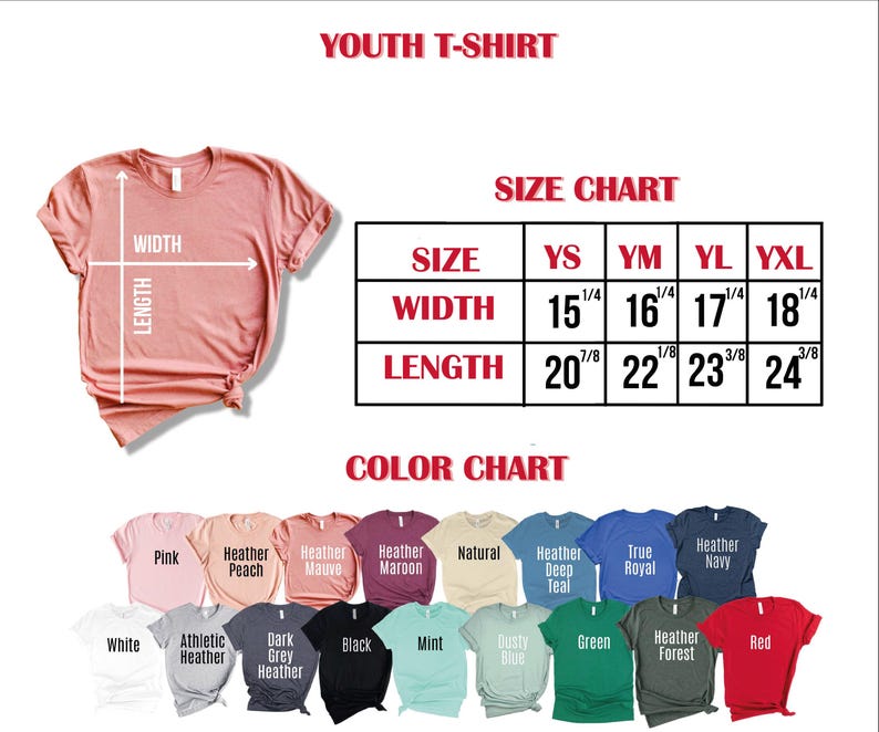 Puede incluir: Tabla de tallas para camiseta juvenil con medidas en pulgadas. Carta de colores con 16 opciones de colores diferentes para la camiseta.