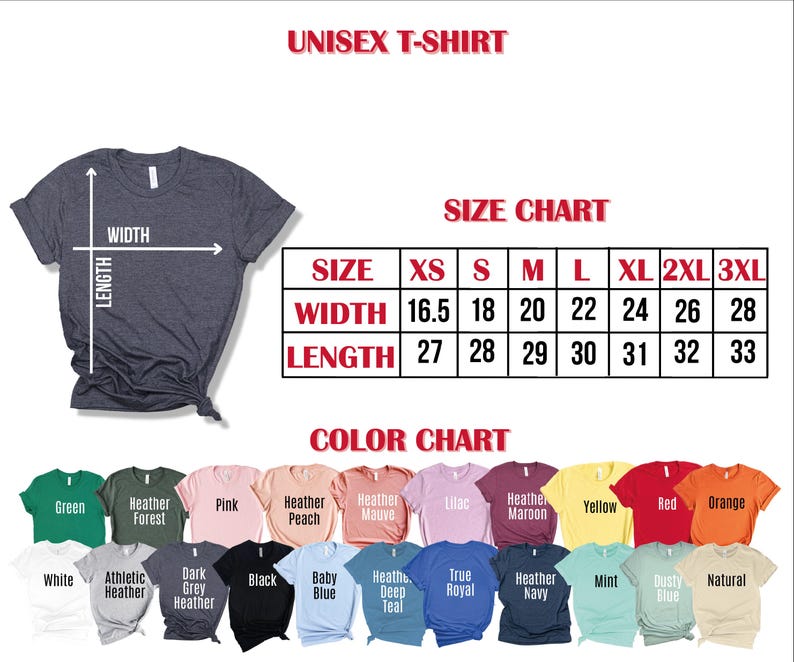 Puede incluir: Tabla de tallas para camiseta unisex con medidas en pulgadas para XS, S, M, L, XL, 2XL y 3XL. Tabla de colores con 18 opciones de colores diferentes para la camiseta.