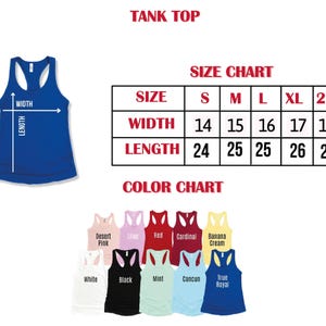 Puede incluir: Una tabla de tallas y una tabla de colores para una camiseta sin mangas. La tabla de tallas muestra las medidas de ancho y largo en pulgadas para las tallas S, M, L, XL y 2XL. La tabla de colores muestra 10 colores diferentes de camisetas sin mangas: rosa desierto, lila, rojo, cardenal, crema de pl&aacute;tano, blanco, negro, menta, Canc&uacute;n y azul real.