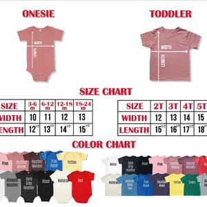Puede incluir: Tabla de tallas para bodys y camisetas para ni&ntilde;os peque&ntilde;os. La tabla muestra las medidas de ancho y largo en pulgadas para diferentes tallas. La tabla tambi&eacute;n incluye una tabla de colores con varios colores para bodys y camisetas para ni&ntilde;os peque&ntilde;os.