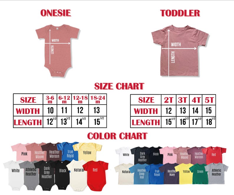 Puede incluir: Tabla de tallas para bodys y camisetas para ni&ntilde;os peque&ntilde;os. La tabla muestra las medidas de ancho y largo en pulgadas para diferentes tallas. La tabla tambi&eacute;n incluye una tabla de colores con varios colores para bodys y camisetas para ni&ntilde;os peque&ntilde;os.