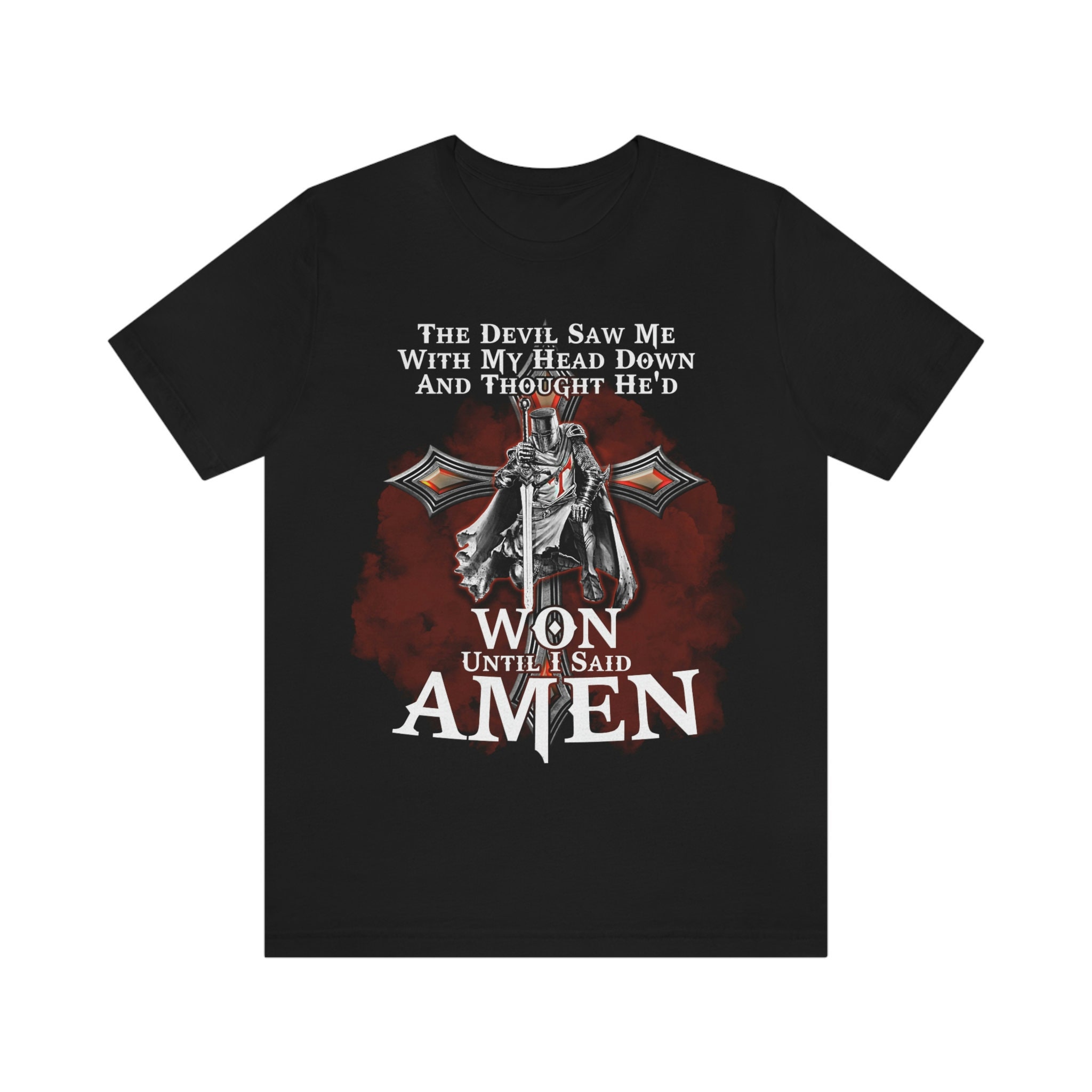 thumbnail interactive-video image 1 of Knight Templar 'Devil Saw Me My Head Down Amen' Cross Warrior T-Shirt – Black 1 of 5