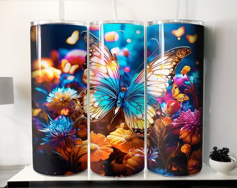 Butterfly Flower 20oz Tumbler PNG: Straight & Tapered (Digital Download)