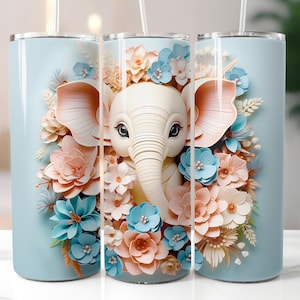 Elephant Tumbler Wrap PNG: Floral 20 Oz Skinny Tumbler Design (Digital Download)