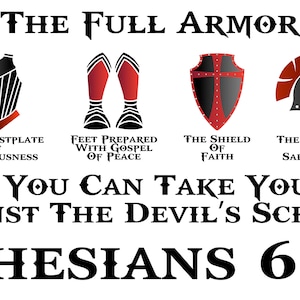 Puede incluir: Una ilustraci&oacute;n gr&aacute;fica en blanco y negro de la armadura de Dios, con el texto "PUT ON THE FULL ARMOR OF GOD" en la parte superior y "EPHESIANS 6:10" en la parte inferior. La armadura incluye un cintur&oacute;n, una coraza, zapatos, un escudo, un casco y una espada. Cada pieza de la armadura est&aacute; etiquetada con su significado espiritual correspondiente.