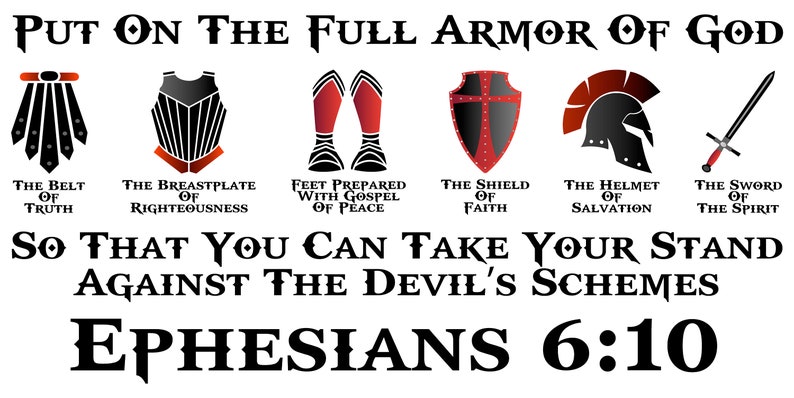 Puede incluir: Una ilustraci&oacute;n gr&aacute;fica en blanco y negro de la armadura de Dios, con el texto "PUT ON THE FULL ARMOR OF GOD" en la parte superior y "EPHESIANS 6:10" en la parte inferior. La armadura incluye un cintur&oacute;n, una coraza, zapatos, un escudo, un casco y una espada. Cada pieza de la armadura est&aacute; etiquetada con su significado espiritual correspondiente.