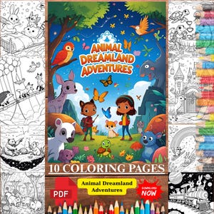 Kids Animal Coloring Book Dreamland | 10 Printable Pages Homeschool Activity | Educational Gift for Children Fun Learning PDF