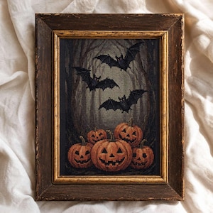Pumpkin Patch & Bats Cross Stitch Style Wall Art, Dark Forest Print, Classic Halloween Decor, Printable Digital Download