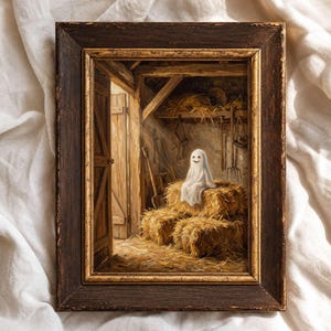 Ghost on Haystack in Barn Vintage Oil Painting Print | Rustic Fall Wall Art | Digital Download