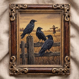Three Crows & Scarecrow Cross Stitch Style Wall Art, Golden Field Print, Rustic Autumn Halloween Decor, Digital Download