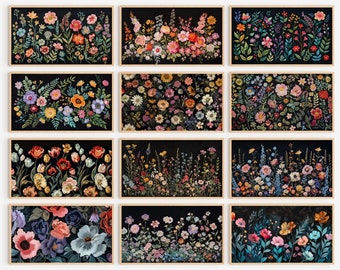 Dark Floral Frame TV Art, Botanical Embroidery, Spring Flower Bundle (Digital File)