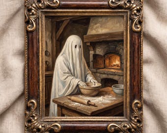 Ghost Baking in Kitchen Vintage Oil Painting Print | Cozy Rustic Wall Art | Digital Download