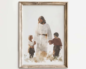 May include: A watercolor painting of Jesus Christ walking with two children, a girl and a boy, in a field. The painting is in a light brown wooden frame.