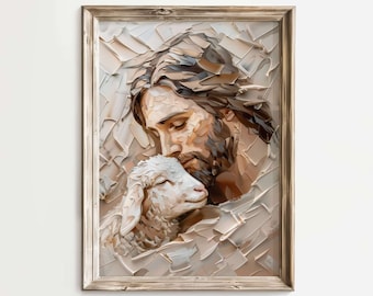 Jesus and Lost Sheep Art Print, Religious Impasto Oil Painting (Digital Download)