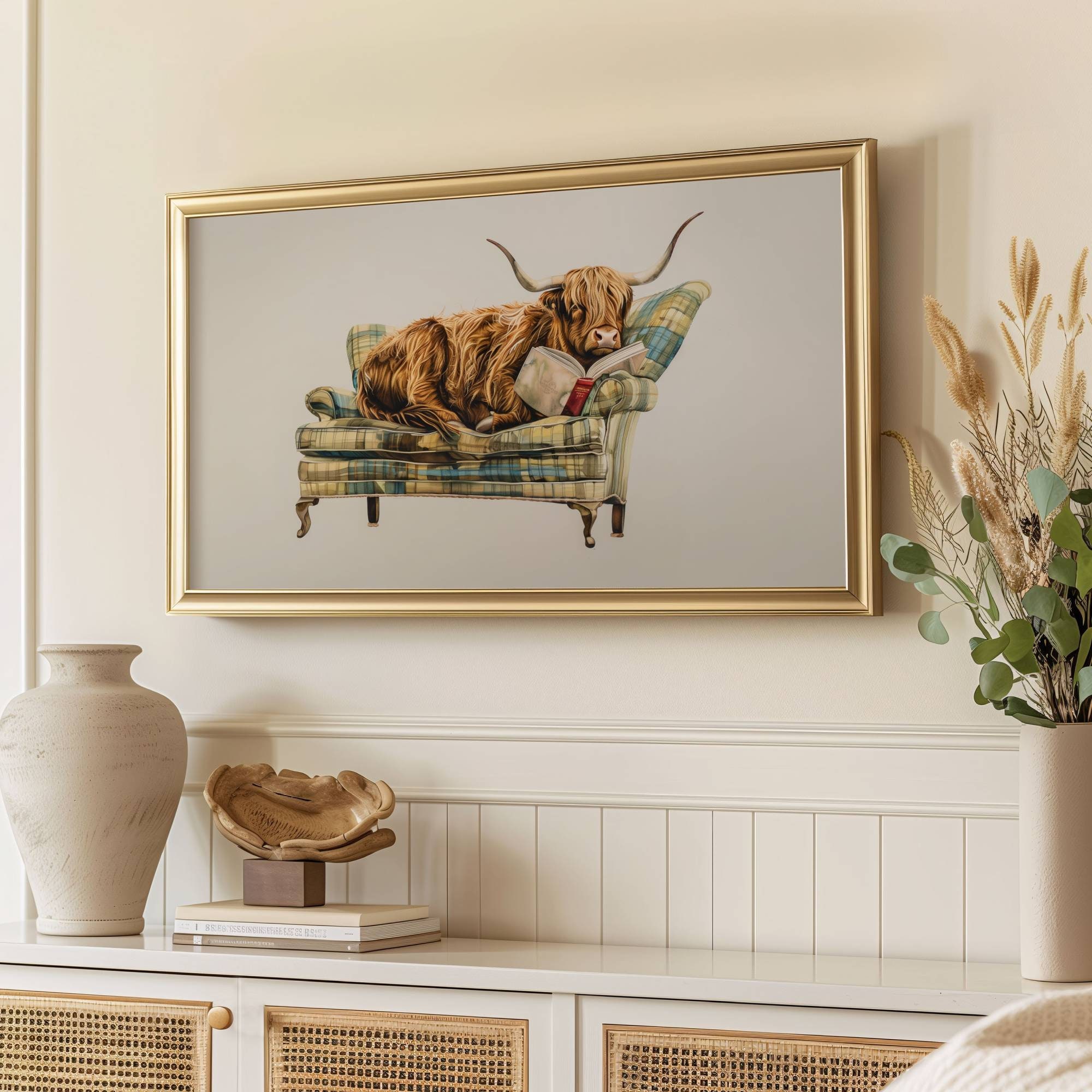 Bookworm Frame Highland Cow Reading Frame TV Art, Highland Cow Laying on a Couch ...