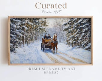 Winter Horse and Carriage Painting, Vintage Frame TV Art (Digital Download)