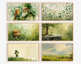St Patrick&#39;s Day Frame TV Art, St Patricks Bundle Set of 6 | Vintage Oil Rustic Paddy TV Art, Saint Patty TV Art Frame Green Shamrock Tv Art