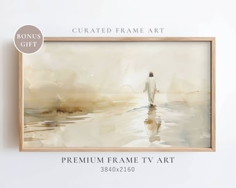 May include: A watercolor painting of a person in a white robe walking on water. The background is a soft, muted beige with hints of blue and brown. The painting is framed in a light wood frame.