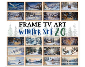 May include: A set of 20 framed winter-themed paintings. The paintings depict various winter scenes, including snow-covered landscapes, cozy cabins, and snowy forests. The frames are all a simple brown wood.