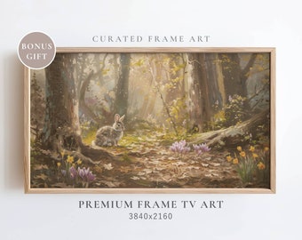 Bunny In Forest Spring TV Frame Art Spring Watercolor Bluebird Decor Vintage Easter TV Frame Farmhouse Decor Vintage Bunny Painting Nursery