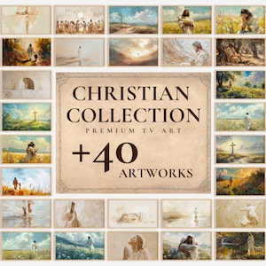 Peut inclure: Un collage de 25 tableaux encadrés représentant des thèmes chrétiens. Le titre "Christian Collection Premium TV Art +40 Artworks" est affiché dans un cadre brun.