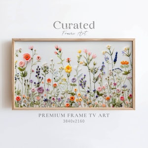 Cute Wildflower Field Embroidery Frame TV Art, Spring Floral Frame TV Art, Textured Pastel Colored Flower TV Frame Artwork, Digital Download