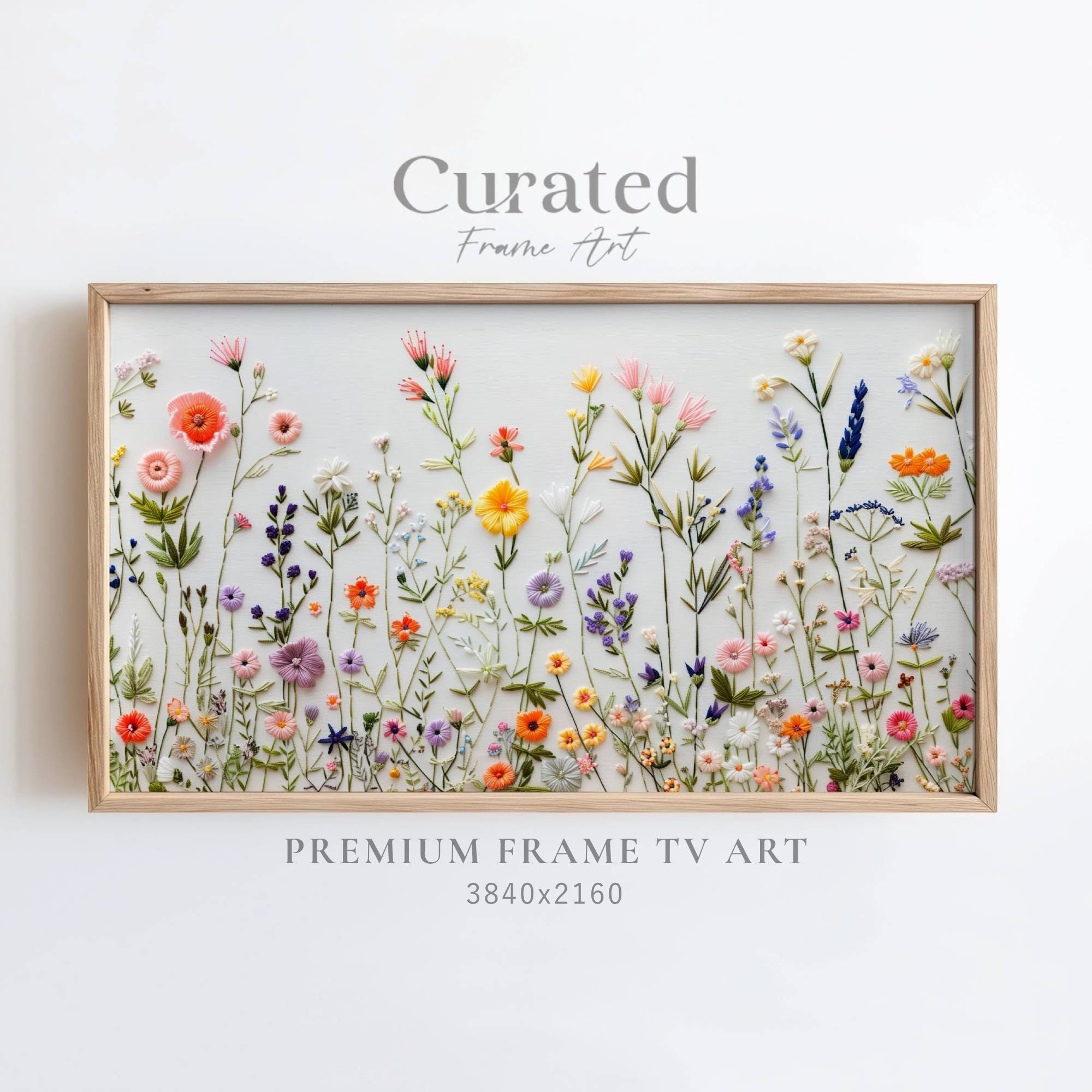 Cute Wildflower Field Embroidery Frame TV Art, Spring Floral Frame TV Art, Textured Pastel Colored Flower TV Frame Artwork, Digital Download
