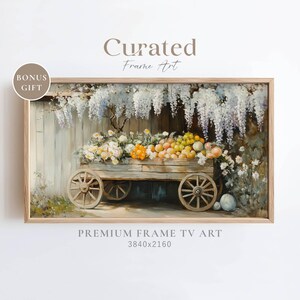 春のフレームテレビアート、温かみのある鮮やかな油絵、ヴィンテージの春のフルーツテレビアート、農家の装飾、ヴィンテージのイースターフレームテレビアート、フルーツ付きカート