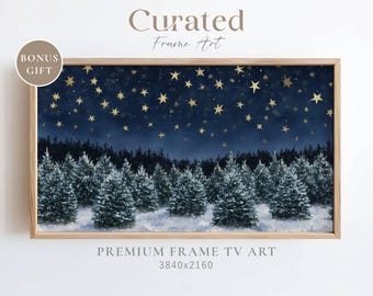 Winter Forest Night Stars Frame TV Art, Christmas Trees Painting (Digital Download)