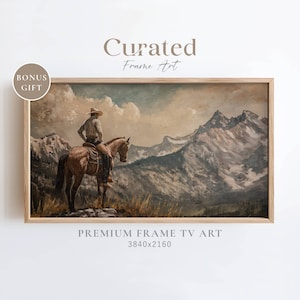 Samsung Frame TV Art, Lone Rider Painting, Western Cowboy Painting, Rustic Farmhouse Frame TV Art, Vintage Muted Country Decor, Digital Art